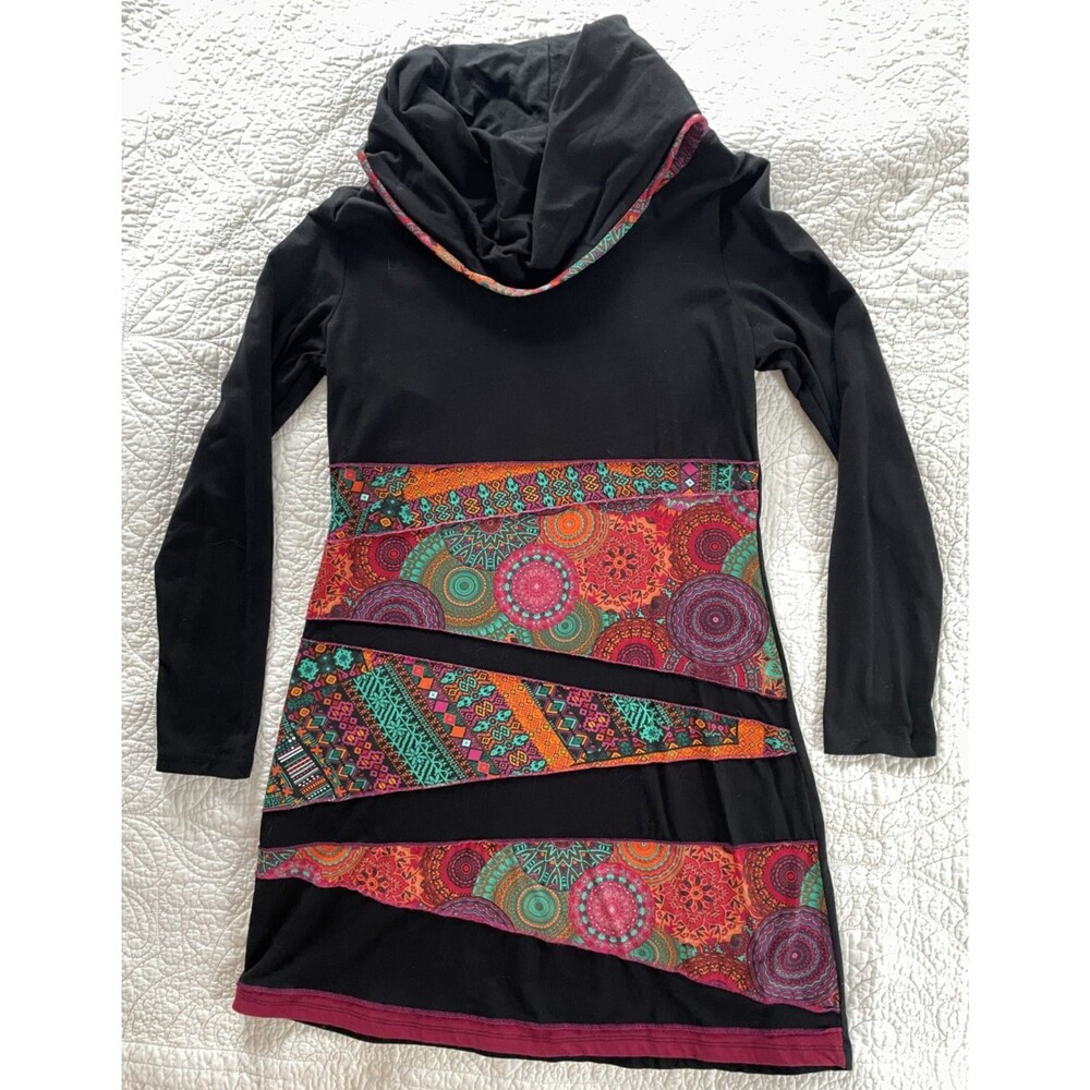 Coline Cowl Neck Artsy Dress L Black Colorful Applique Long Sleeve Boho Tunic